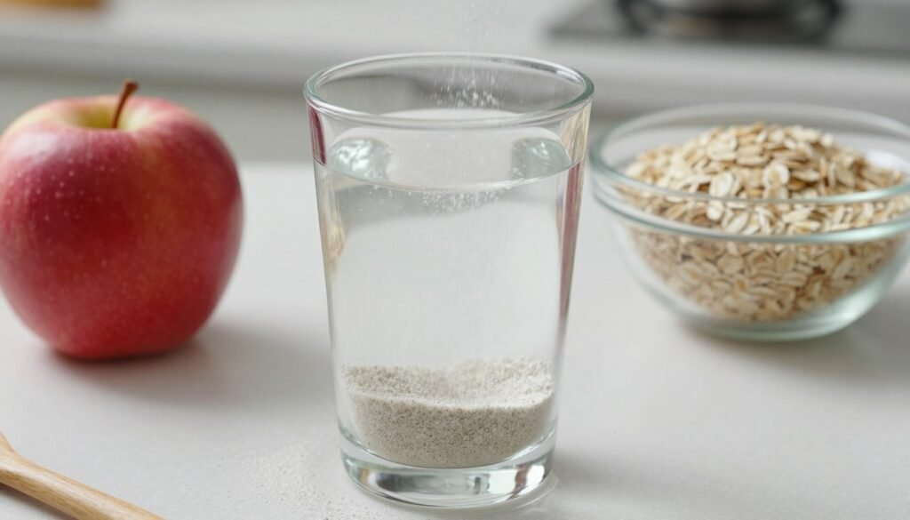 A glass of water being stirred with psyllium husk powder, with a fresh red apple and a bowl of oatmeal in the background.