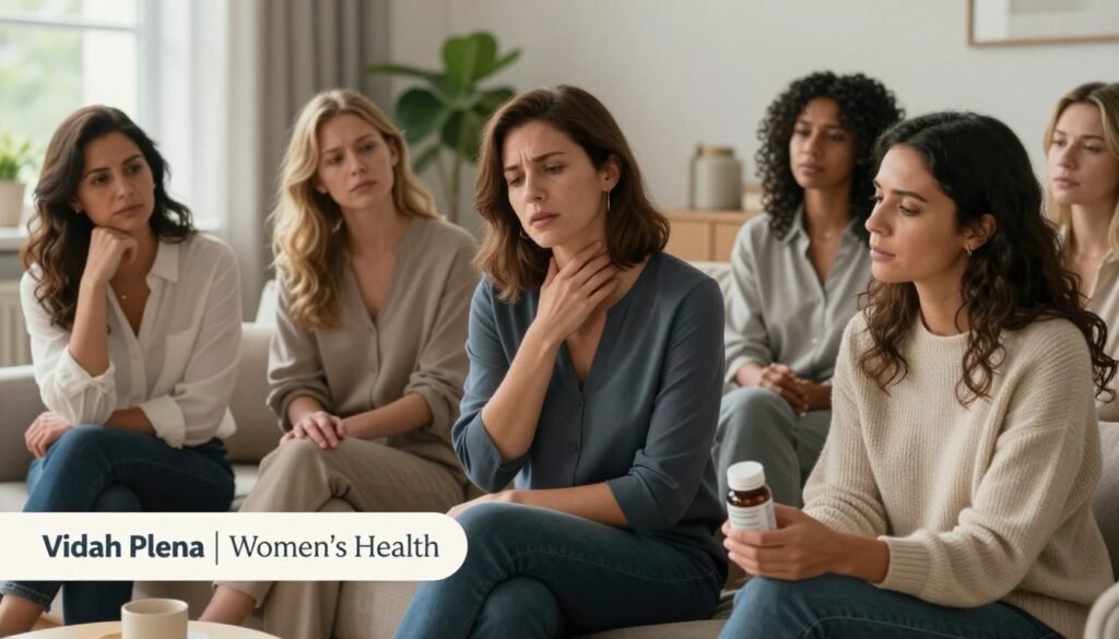 A group of diverse women in their late 30s to mid-50s, seated in a cozy, modern living room. Their expressions convey a mix of emotions, including contemplation and subtle discomfort, as they discuss perimenopause symptoms. One woman, dressed in a smart casual top, touches her neck as if feeling warm, while another, wearing a comfortable sweater, holds a supplement bottle and looks thoughtfully at it. Soft, natural lighting fills the room, creating a warm and inviting atmosphere. In the background, a plant and an open window suggest a refreshing breeze. The image should reflect a professional yet relatable mood, emphasizing the shared experience of this life stage. Banner "Vidah Plena | Women's Health" subtly integrated into the scene.