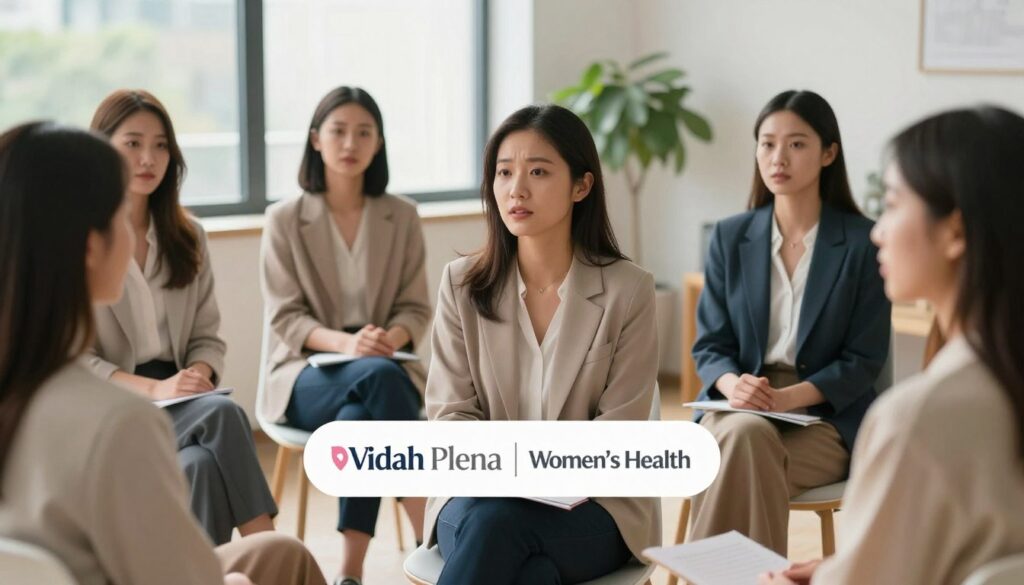 A group of young women in their 20s, professionally dressed in smart casual attire, gathered in a bright, inviting office space. The foreground features a mix of expressive faces displaying emotions of hope and resilience, symbolizing the journey through PMDD. In the middle ground, one woman shares her experience while others listen intently, portraying an atmosphere of support and understanding. The background showcases soft, natural lighting flooding in from large windows, creating a warm and comforting environment. The atmosphere is collaborative and uplifting, with subtle greenery in the background to emphasize health and wellness. The image conveys a premium quality, encapsulating the essence of "Vidah Plena | Women's Health," making it ideal for illustrating key takeaways on PMDD. A group of young women in their 20s, professionally dressed in smart casual attire, gathered in a bright, inviting office space. The foreground features a mix of expressive faces displaying emotions of hope and resilience, symbolizing the journey through PMDD. In the middle ground, one woman shares her experience while others listen intently, portraying an atmosphere of support and understanding. The background showcases soft, natural lighting flooding in from large windows, creating a warm and comforting environment. The atmosphere is collaborative and uplifting, with subtle greenery in the background to emphasize health and wellness. The image conveys a premium quality, encapsulating the essence of "Vidah Plena | Women's Health," making it ideal for illustrating key takeaways on PMDD.