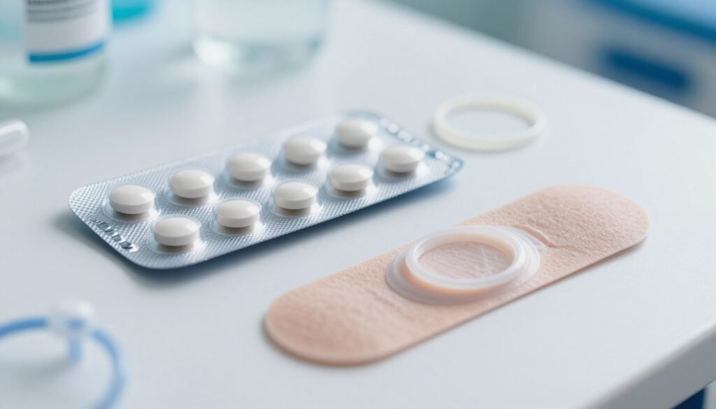 Perimenopause Treatment: Evidence-Based Options That Work 4 A high-quality, clinical-style photograph of a variety of hormonal birth control options like a pill pack, a clear skin patch, and a vaginal ring, arranged neatly on a clean white surface with soft blue accents.