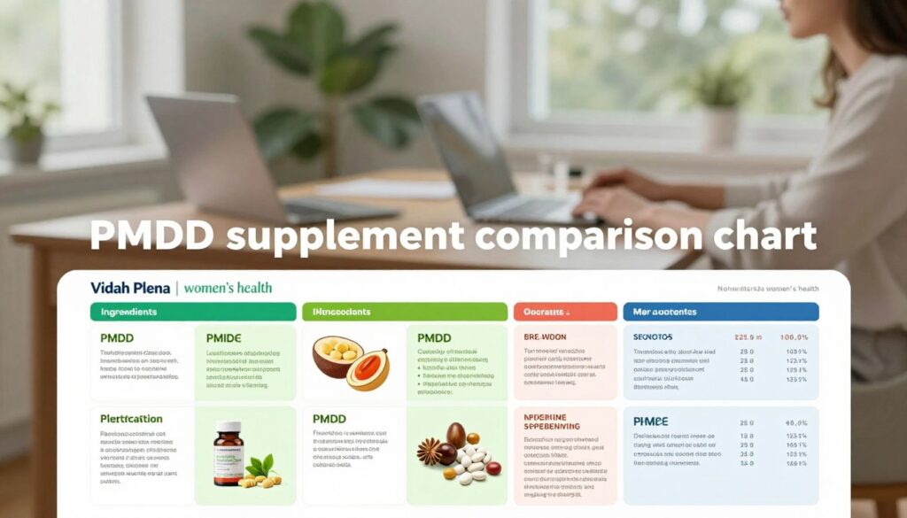 A high-quality, editorial-style image of a "PMDD supplement comparison chart" designed for a premium medical magazine. In the foreground, a meticulously organized chart displaying various PMDD dietary supplements, each represented by engaging graphics and colors, with sections for ingredients, benefits, and dosages. The middle ground features a softly blurred workspace environment, including a clean desk with natural light filtering in through a window, evoking a sense of calm and professionalism. The background showcases subtle greenery, indicating a health-conscious atmosphere. The overall mood is informative yet soothing, ideal for a women’s health context. Include the brand name "Vidah Plena | women's health" integrated subtly into the design. Use soft, balanced lighting to enhance clarity and focus.