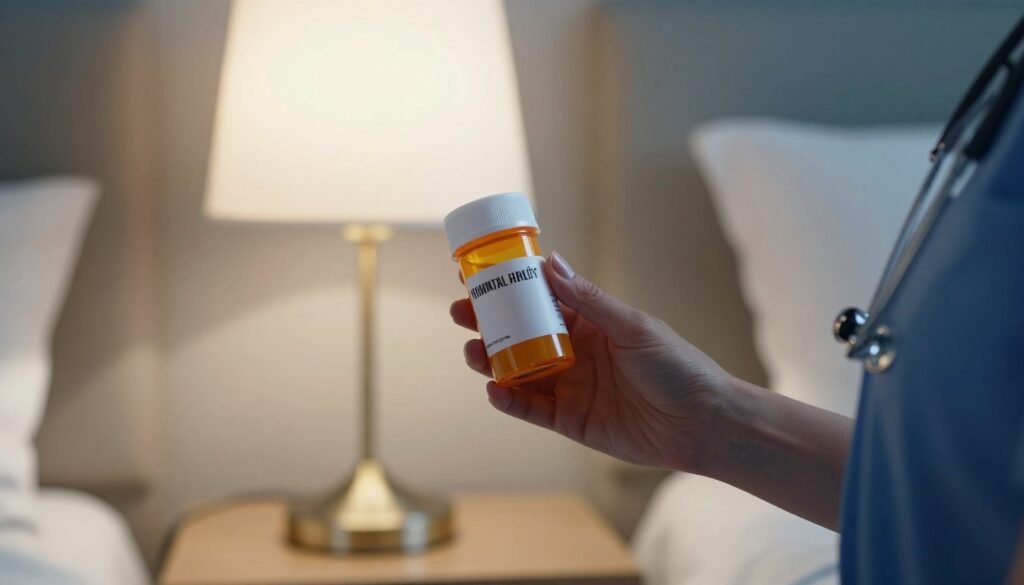 A high-quality photo of a woman's hand holding a prescription bottle by a bedside lamp, emphasizing medical support for hormonal health.