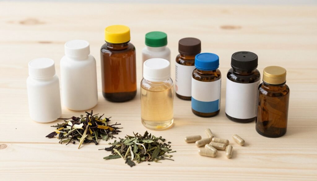 Perimenopause Treatment: Evidence-Based Options That Work 7 A high-quality photo of various natural supplement bottles, herbal tea leaves, and vitamin capsules arranged neatly on a light-colored wooden table.