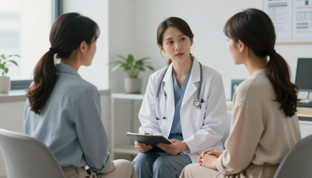 High-Functioning ADHD in Women: Success, Struggles, and Hidden Symptoms 3 A high-quality, photorealistic image of a professional medical office with soft natural lighting. A female clinician is sitting across from a woman in her 30s who is holding a notebook. The atmosphere is supportive, calm, and professional, reflecting a thorough diagnostic consultation.