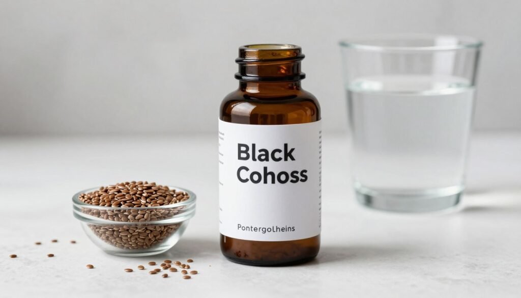 A high-quality product photo of a dark amber glass supplement bottle labeled "Black Cohosh" standing on a clean white countertop next to a small bowl of fresh flaxseeds and a glass of water.
