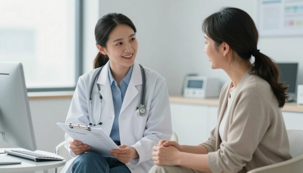 Perimenopause vs Anxiety: What's Really Causing Your Symptoms? 3 A high-quality, professional photograph of a female doctor in a bright, modern clinic sitting across from a middle-aged woman, discussing health charts and smiling encouragingly, soft natural lighting.
