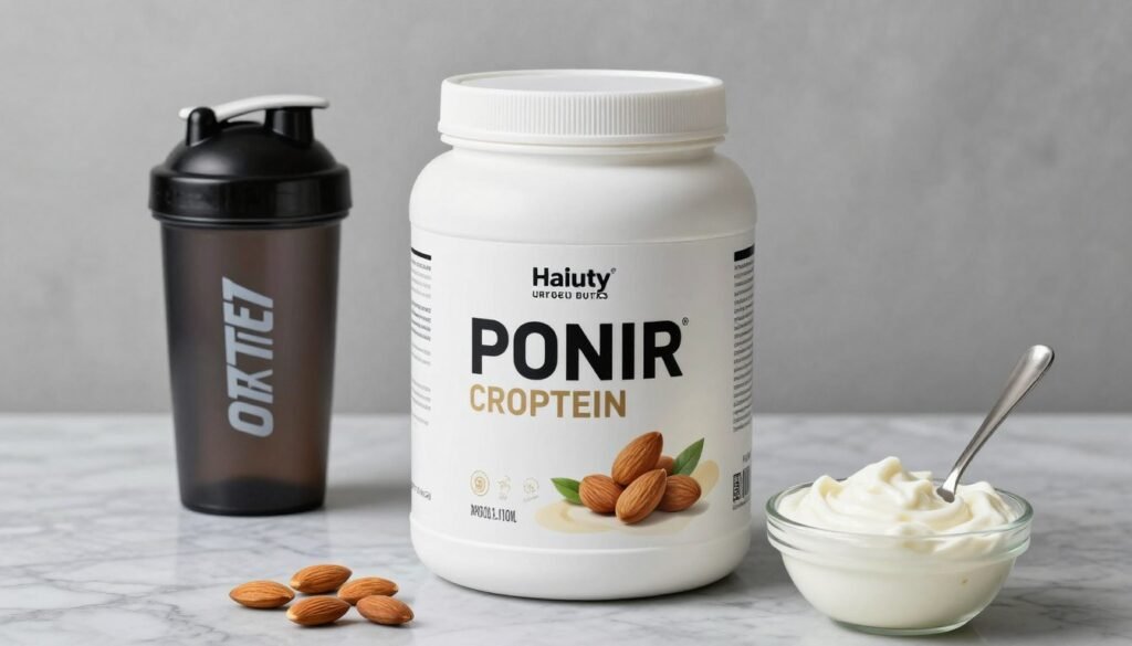 A high-quality protein powder container sitting on a marble countertop next to a shaker bottle and a bowl of fresh almonds and Greek yogurt.