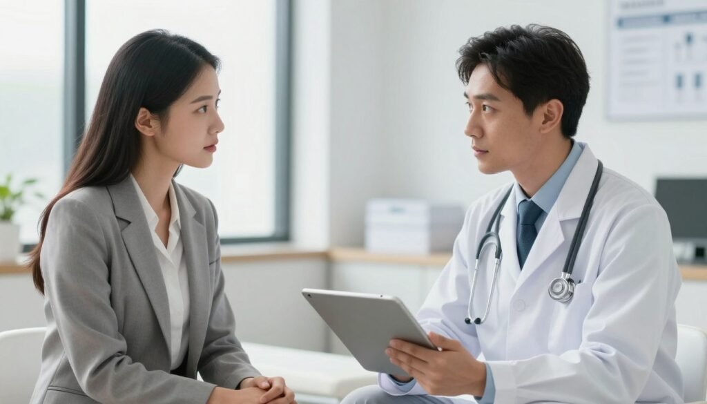 A high-quality, realistic photo of a professional woman consulting with a sleep specialist in a bright, modern clinic. The doctor is listening attentively while holding a digital tablet, creating a supportive and clinical atmosphere.