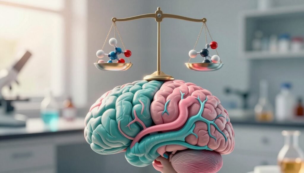 Perimenopause Mood Swings: Why They Happen and How to Cope 1 A highly detailed, scientific illustration of brain estrogen changes during perimenopause, focusing on the biochemical interactions in the brain. In the foreground, a human brain depicted with vibrant neural pathways in shades of turquoise and pink to symbolize hormonal shifts. The middle layer shows a balance scale representing estrogen levels, with molecular structures visually interwoven. In the background, a soft-focus representation of a serene laboratory setting infused with warm, natural light, casting an uplifting and hopeful atmosphere. The scene conveys a sense of emotional complexity, illustrating the connection between hormones and mood in a professional, editorial women's health style. Premium quality, realistic imagery with no text or watermarks. Vidah Plena | Women's Health.