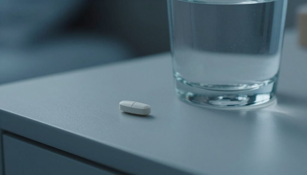A macro photography shot of a single Veozah prescription pill sitting next to a glass of water on a nightstand, calming atmosphere, 8k resolution.