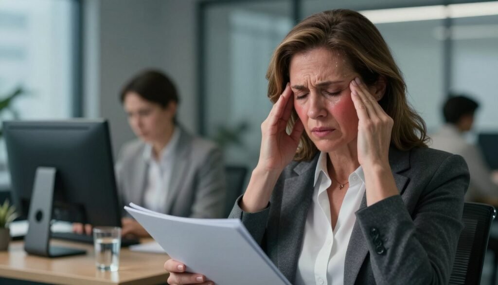 Perimenopause Anxiety: Why It Happens and What Can Help 4 A middle-aged woman dressed in professional business attire stands in a softly lit, modern office environment, her expression reflecting a moment of discomfort due to a hot flash. The foreground features her face, subtly flushed, with beads of sweat visibly forming on her brow, illuminated by a warm glow. In the middle ground, a desk with a computer and a glass of water signifies a typical work setting while she fans herself with a folder. The background is blurred to create an impression of a busy workplace, emphasizing the woman's experience. The overall atmosphere conveys a sense of vulnerability and resilience in the context of perimenopause anxiety. Illustrate this scene with premium quality, realistic details, capturing the emotional depth of the topic. Vidah Plena | Women's Health.