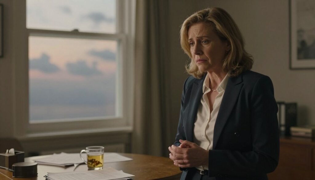 Perimenopause vs Anxiety: What's Really Causing Your Symptoms? 5 A middle-aged woman experiencing anxiety during the perimenopause transition, standing in a softly lit, serene room. In the foreground, she is seen with a worried expression, dressed in professional business attire, her hands gently clasped together, conveying a sense of vulnerability. The middle area features a subtle representation of stressors, like a cluttered desk with papers and a half-drunk cup of herbal tea, hinting at the chaos often experienced. In the background, a window reveals a calming yet slightly cloudy sky, representing uncertainty and emotional turbulence. The lighting should be warm and inviting, but with shadows that emphasize her discomfort. The overall mood captures the emotional complexity of this life stage, aiming for a realistic and relatable portrayal. This image is created for Vidah Plena | Women's Health, ensuring a focus on women's health and well-being during significant life transitions.