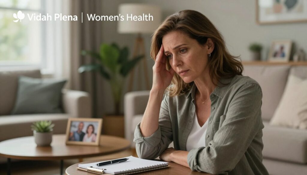 A middle-aged woman in her 40s stands thoughtfully in a softly lit, cozy living room, reflecting the emotional symptoms of PMDD. She wears comfortable yet professional attire, with a gentle expression that conveys introspection and vulnerability. The foreground features her holding her head slightly, a hint of concern in her eyes, while a notepad and pen sit on the coffee table, suggesting contemplation on her health. In the middle ground, a plant and family photographs add warmth and familiarity. The background features a window through which natural light filters, creating a calming atmosphere. The image captures a moment of emotional complexity and resilience, embodying the common challenges faced during this stage of life. Editorial photography style, realistic, premium quality, reflecting the brand "Vidah Plena | Women's Health." A middle-aged woman in her 40s stands thoughtfully in a softly lit, cozy living room, reflecting the emotional symptoms of PMDD. She wears comfortable yet professional attire, with a gentle expression that conveys introspection and vulnerability. The foreground features her holding her head slightly, a hint of concern in her eyes, while a notepad and pen sit on the coffee table, suggesting contemplation on her health. In the middle ground, a plant and family photographs add warmth and familiarity. The background features a window through which natural light filters, creating a calming atmosphere. The image captures a moment of emotional complexity and resilience, embodying the common challenges faced during this stage of life. Editorial photography style, realistic, premium quality, reflecting the brand "Vidah Plena | Women's Health."