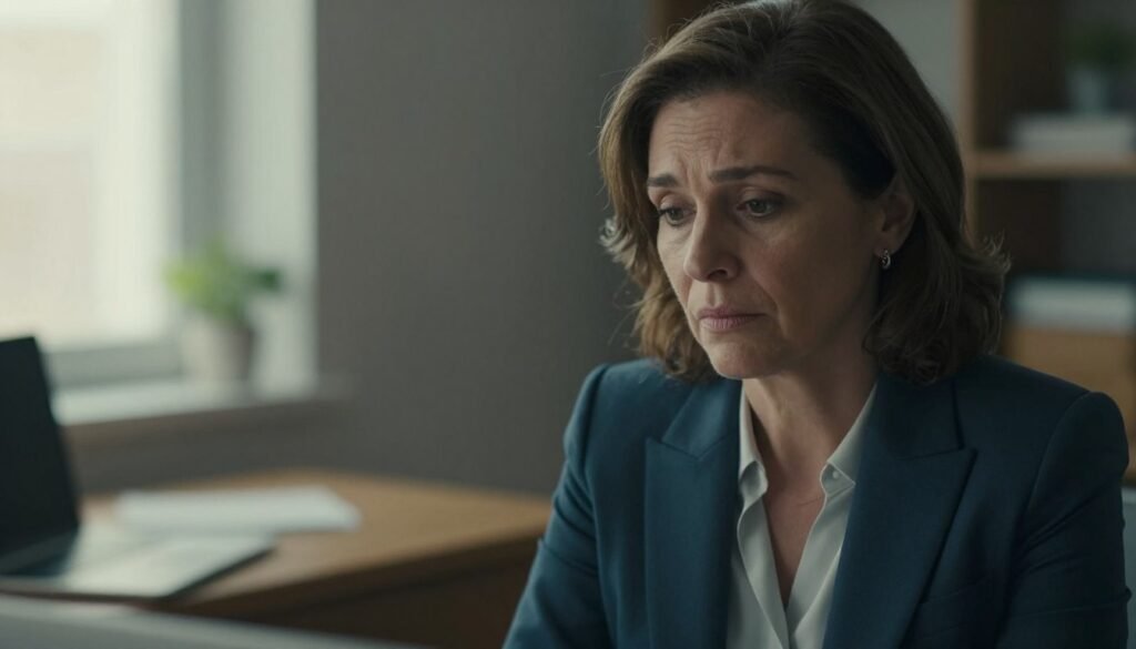 A middle-aged woman in professional attire, sitting at a desk, her expression conveying quiet sadness and contemplation, embodying the emotional struggles of perimenopause depression. In the foreground, a close-up shot focuses on her thoughtful eyes, reflecting inner turmoil. The middle background features a softly blurred office environment, with warm, diffused lighting creating a cozy yet somber atmosphere. The color palette leans towards muted blues and grays, symbolizing feelings of melancholy and introspection. A window can be seen in the background, allowing soft natural light to filter in, subtly illuminating the woman's face. The overall mood is reflective and poignant, illustrating the complexities of this transitional phase in women’s lives. Vidah Plena | Women's Health. A middle-aged woman in professional attire, sitting at a desk, her expression conveying quiet sadness and contemplation, embodying the emotional struggles of perimenopause depression. In the foreground, a close-up shot focuses on her thoughtful eyes, reflecting inner turmoil. The middle background features a softly blurred office environment, with warm, diffused lighting creating a cozy yet somber atmosphere. The color palette leans towards muted blues and grays, symbolizing feelings of melancholy and introspection. A window can be seen in the background, allowing soft natural light to filter in, subtly illuminating the woman's face. The overall mood is reflective and poignant, illustrating the complexities of this transitional phase in women’s lives. Vidah Plena | Women's Health.