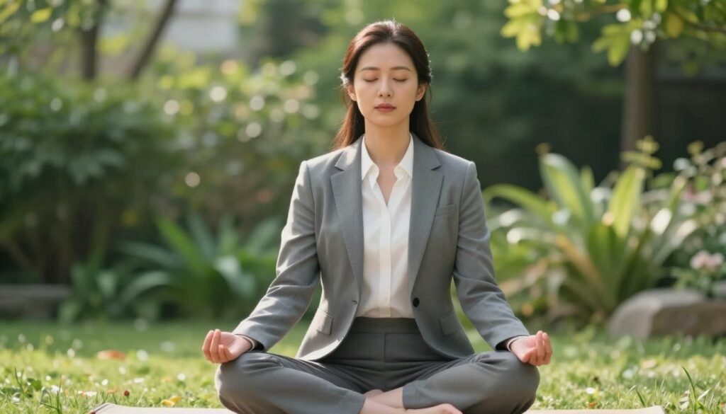 Perimenopause vs Anxiety: What's Really Causing Your Symptoms? 4 A peaceful woman sitting in a sunlit garden practicing mindful meditation, wearing comfortable activewear, soft focus on green foliage in the background, serene and calm atmosphere.