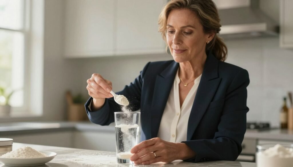 A photorealistic image of a woman over 40 in a sunlit kitchen, adding a scoop of white creatine monohydrate powder into a glass of clear water, healthy lifestyle aesthetic.