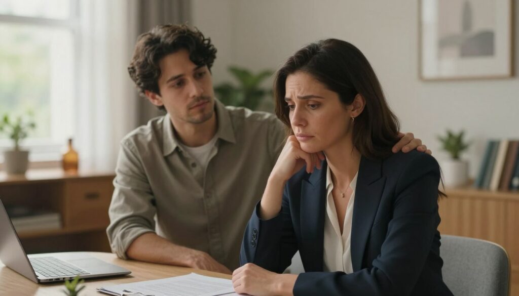 A portrait capturing the emotional landscape of a couple navigating the complexities of PMDD within the context of their marriage. In the foreground, a woman in professional business attire sits at a table, her expression contemplative, showcasing the impact of emotional challenges. Beside her, a supportive partner in modest casual clothing leans forward, listening attentively, with a neutral expression that radiates empathy. The middle ground features a softly lit home office, adorned with calming decor that promotes a sense of warmth and safety. In the background, gentle natural light filters through a window, creating a serene and inviting atmosphere. The mood is one of introspection and connection, illustrating the theme of support in a relationship. The style is editorial and sophisticated, suitable for a premium medical magazine like Vidah Plena | women's health. A portrait capturing the emotional landscape of a couple navigating the complexities of PMDD within the context of their marriage. In the foreground, a woman in professional business attire sits at a table, her expression contemplative, showcasing the impact of emotional challenges. Beside her, a supportive partner in modest casual clothing leans forward, listening attentively, with a neutral expression that radiates empathy. The middle ground features a softly lit home office, adorned with calming decor that promotes a sense of warmth and safety. In the background, gentle natural light filters through a window, creating a serene and inviting atmosphere. The mood is one of introspection and connection, illustrating the theme of support in a relationship. The style is editorial and sophisticated, suitable for a premium medical magazine like Vidah Plena | women's health.