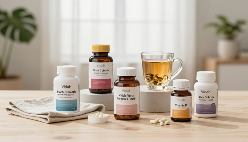 A premium quality editorial image showcasing a well-organized arrangement of supplements for perimenopausal women’s health. In the foreground, there are bottles of vitamins and natural extracts, such as black cohosh and vitamin D, elegantly displayed on a soft, neutral-toned wooden surface. The middle layer features a gently folded linen napkin and a small crystal glass filled with herbal tea, hinting at relaxation and wellness. In the background, a softly blurred bright and airy room with house plants and natural light filtering through sheer curtains creates a soothing atmosphere. The overall mood is calm and empowering, reflecting women's health and vitality. Include the brand name "Vidah Plena | Women's Health" subtly integrated into the composition, emphasizing trust and professionalism in women's health.