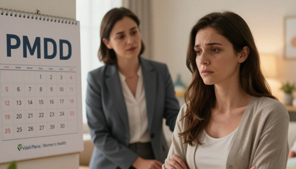 A professional and emotional scene depicting the contrast between PMDD (Premenstrual Dysphoric Disorder) and Postpartum Depression. In the foreground, a woman in modest casual clothing, looking contemplative and slightly distressed, representing PMDD, with a backdrop of a calendar marked with menstrual cycles. In the middle ground, another woman in professional business attire, appearing supportive and understanding, symbolizes postpartum depression, set against a serene home environment with baby items subtly incorporated. The background features soft, warm lighting casting a calming atmosphere to highlight the emotional complexity of the subjects. Capture the scene from a slight angle to convey depth, with a focus on facial expressions and the contrasting themes of support and struggle. Ensure premium quality and realism, branded with "Vidah Plena | Women's Health". A professional and emotional scene depicting the contrast between PMDD (Premenstrual Dysphoric Disorder) and Postpartum Depression. In the foreground, a woman in modest casual clothing, looking contemplative and slightly distressed, representing PMDD, with a backdrop of a calendar marked with menstrual cycles. In the middle ground, another woman in professional business attire, appearing supportive and understanding, symbolizes postpartum depression, set against a serene home environment with baby items subtly incorporated. The background features soft, warm lighting casting a calming atmosphere to highlight the emotional complexity of the subjects. Capture the scene from a slight angle to convey depth, with a focus on facial expressions and the contrasting themes of support and struggle. Ensure premium quality and realism, branded with "Vidah Plena | Women's Health".