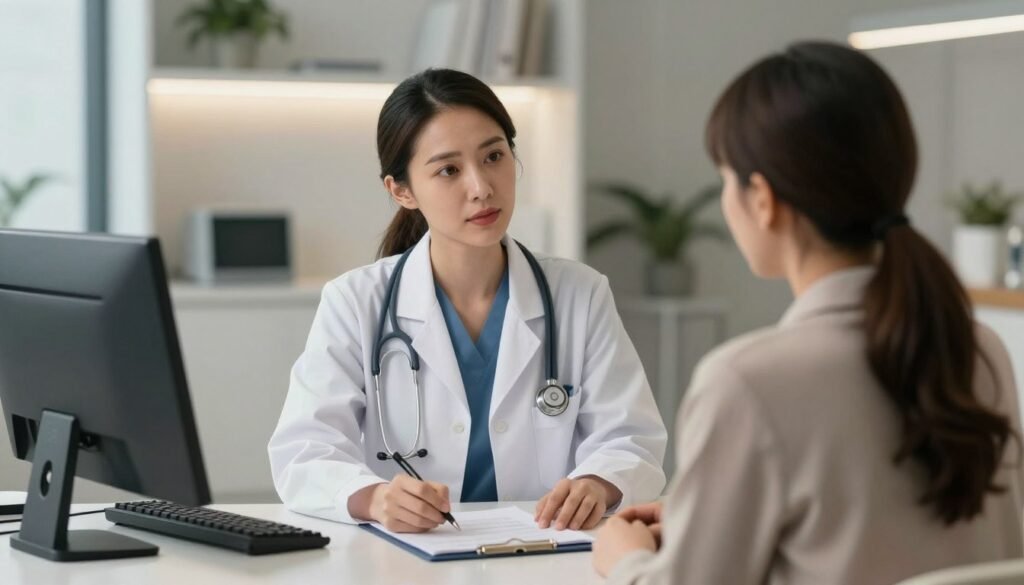ADHD and PMDD: Why These Conditions Commonly Overlap 4 A professional and empathetic female psychiatrist in a modern clinic office, discussing a personalized hormonal treatment plan with a female patient, realistic style, warm lighting, 8k resolution, cinematic composition.