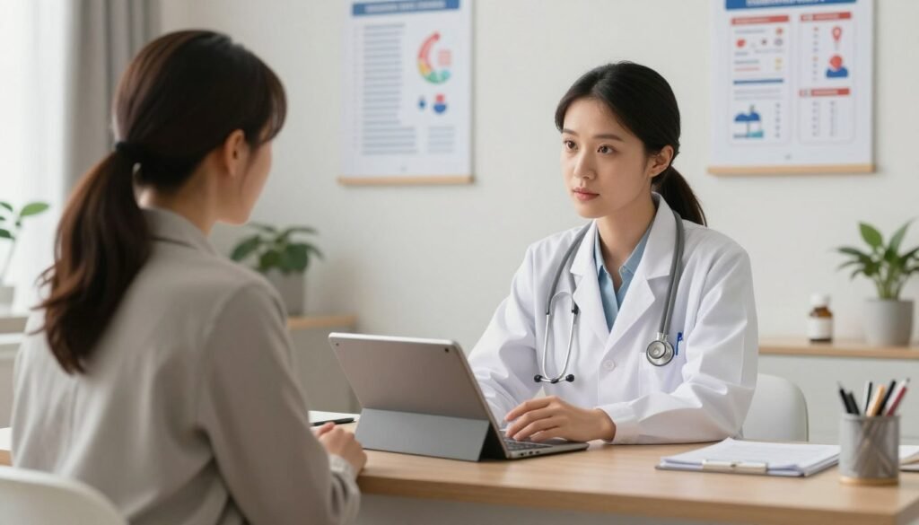 A professional consultation between a female doctor and a patient in a comfortable medical office, discussing hormone therapy options with charts and a tablet, empathetic and informative setting.