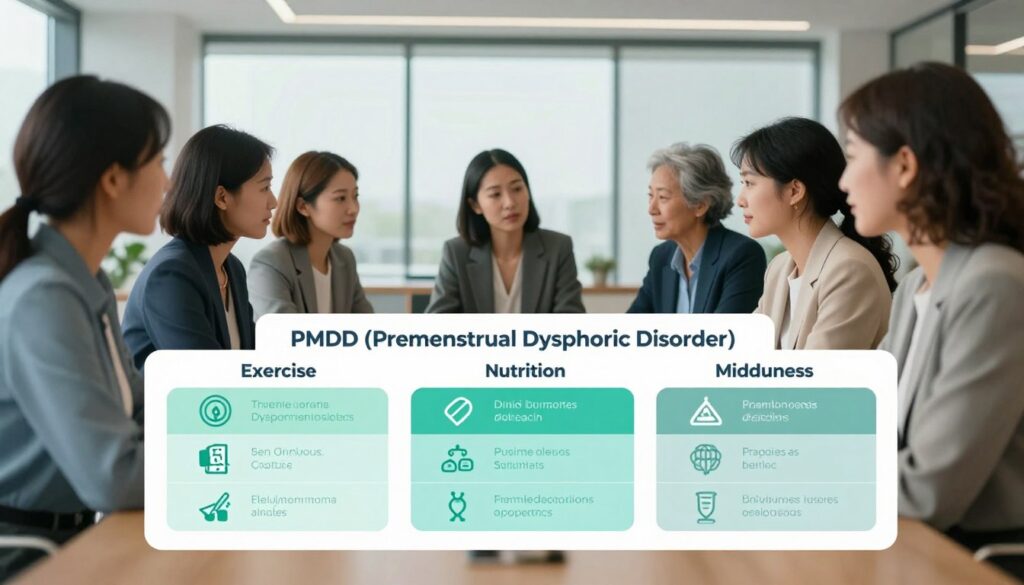 A professional editorial illustration depicting a lifestyle intervention comparison table for PMDD (Premenstrual Dysphoric Disorder). In the foreground, a neatly organized table showcasing various lifestyle interventions, such as exercise, nutrition, and mindfulness. Each intervention is represented by visually distinct sections featuring icons or symbols related to each method. In the middle ground, a diverse group of realistic women in professional business attire, engaged in discussion and reviewing the table together, embodying a supportive and collaborative atmosphere. The background is softly blurred, showing a modern, well-lit conference room with large windows allowing natural light to enter, creating an inspiring mood. The overall color palette is calming with soft blues and greens, enhancing the feeling of wellness. Include the brand name "Vidah Plena | women's health" subtly in the corner.