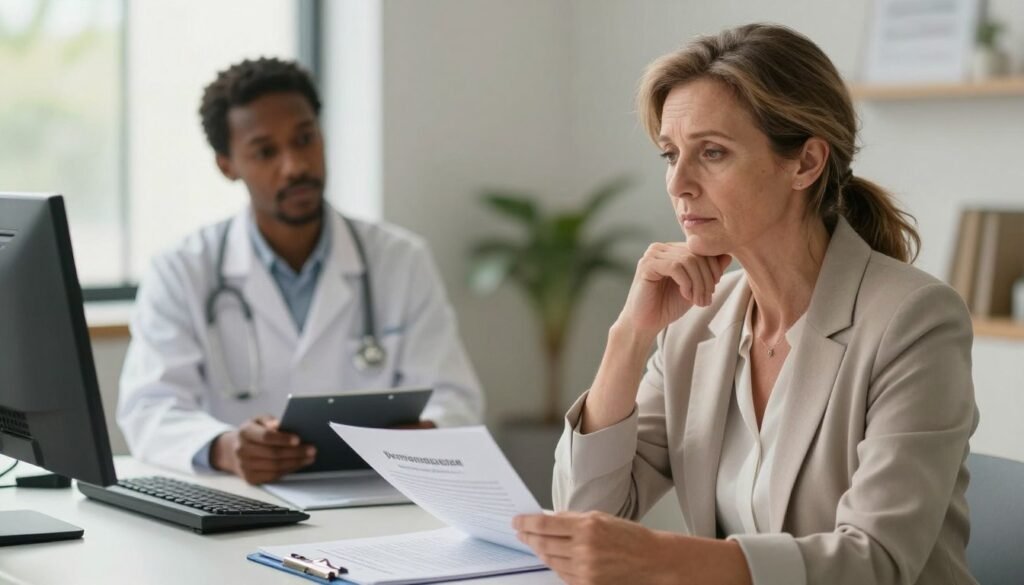 Perimenopause vs Depression: Understanding the Overlap 4 A professional, editorial image illustrating "perimenopause symptoms diagnosis" for an article about women's health. In the foreground, depict a thoughtful middle-aged woman dressed in professional business attire, looking contemplative as she reviews health documents and notes on a desk. In the middle ground, include a diverse and welcoming medical office setting with a healthcare provider discussing symptoms with the woman, displaying empathy and understanding. In the background, a calming environment adorned with soft, natural lighting filtering through a window, creating a warm and supportive atmosphere. The overall mood should be one of professionalism and reassurance, reflecting the seriousness of obtaining the correct diagnosis during perimenopause. High-resolution, realistic imagery, embodying premium quality. Brand name: Vidah Plena | Women's Health.