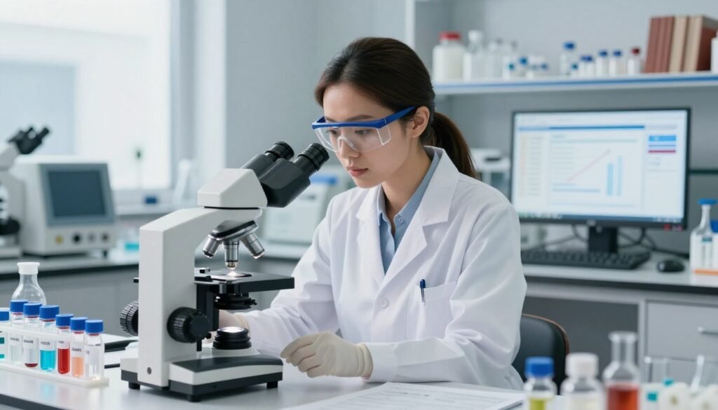 A professional female researcher in a modern laboratory, wearing a white lab coat and safety glasses, examining hormonal samples under a microscope. In the foreground, a detailed view of the microscope and a table filled with vials labeled with various hormones, symbolizing the study of sex hormones. In the middle, the researcher’s focused expression conveys determination and curiosity, surrounded by advanced lab equipment, books on ADHD and hormone research, and a computer displaying graphs and data. The background features a clean, bright lab environment with soft, natural lighting illuminating the workspace, creating an atmosphere of professionalism and innovation. The composition aims to evoke a sense of exploration and knowledge, highlighting the significance of female health research.