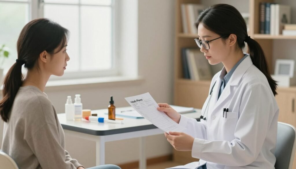 Perimenopause vs Thyroid Problems: How to Recognize the Difference 2 A professional healthcare setting depicting comprehensive thyroid function testing for women. In the foreground, a confident female healthcare professional, wearing a lab coat and glasses, stands beside a patient seated comfortably in a consultation room. The patient, dressed in modest casual attire, is reviewing lab test paperwork with a look of curiosity. In the middle ground, a neatly arranged examination table with medical instruments and thyroid test charts is visible. The soft, natural light streams through a window, creating an inviting and calm atmosphere, while a subtle focus on the healthcare professional adds a sense of trust. The background features a softly blurred bookshelf filled with medical books. The image symbolizes women's health and the importance of proper testing. Vidah Plena | Women's Health is conveyed through the professionalism and warmth of the scene.