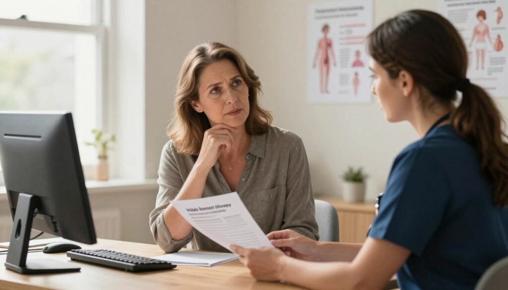 A professional healthcare setting with a middle-aged woman sitting at a desk, engaged in a candid conversation with a compassionate healthcare provider. The room is well-lit with warm, natural lighting streaming through a window, creating an inviting atmosphere. The woman, wearing modest casual clothing, appears thoughtful and attentive while reviewing a document about hormone therapy candidacy. In the background, charts and diagrams related to women's health are visible on the walls, indicating a focus on hormone therapy. The healthcare provider is dressed in professional attire, exuding professionalism and empathy. The image should convey a sense of support, trust, and informative dialogue, capturing the importance of assessing candidacy for hormone therapy. Vidah Plena | Women's Health.