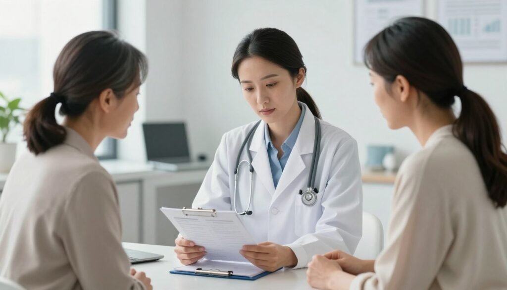 A professional medical consultation scene with a female doctor and a middle-aged woman discussing health charts in a bright, modern clinic, emphasizing trust and care.