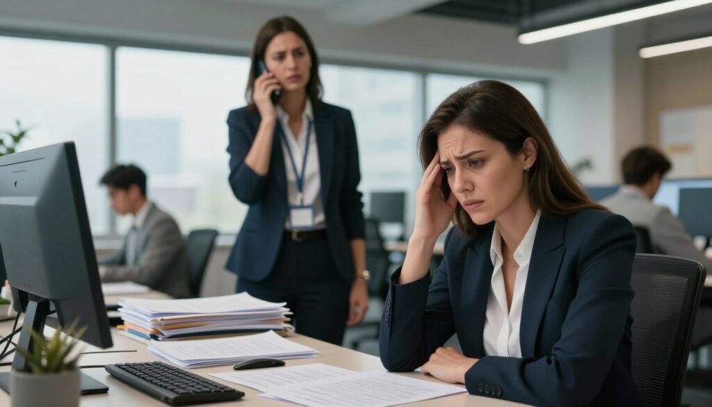 A professional office environment illustrating the challenges of PMDD in the workplace. In the foreground, depict a woman in professional attire, seated at a desk cluttered with papers, her expression a blend of stress and concentration, highlighting emotional difficulties. In the middle ground, include another woman in business attire looking concerned while talking on the phone, signifying workplace communication challenges. The background features an open-plan office with colleagues working and ambient light streaming through large windows, creating a bright but slightly overwhelming atmosphere. Use soft lighting to convey a sense of support yet unease. Photograph in a realistic style suitable for a premium medical magazine. Vidah Plena | women's health.