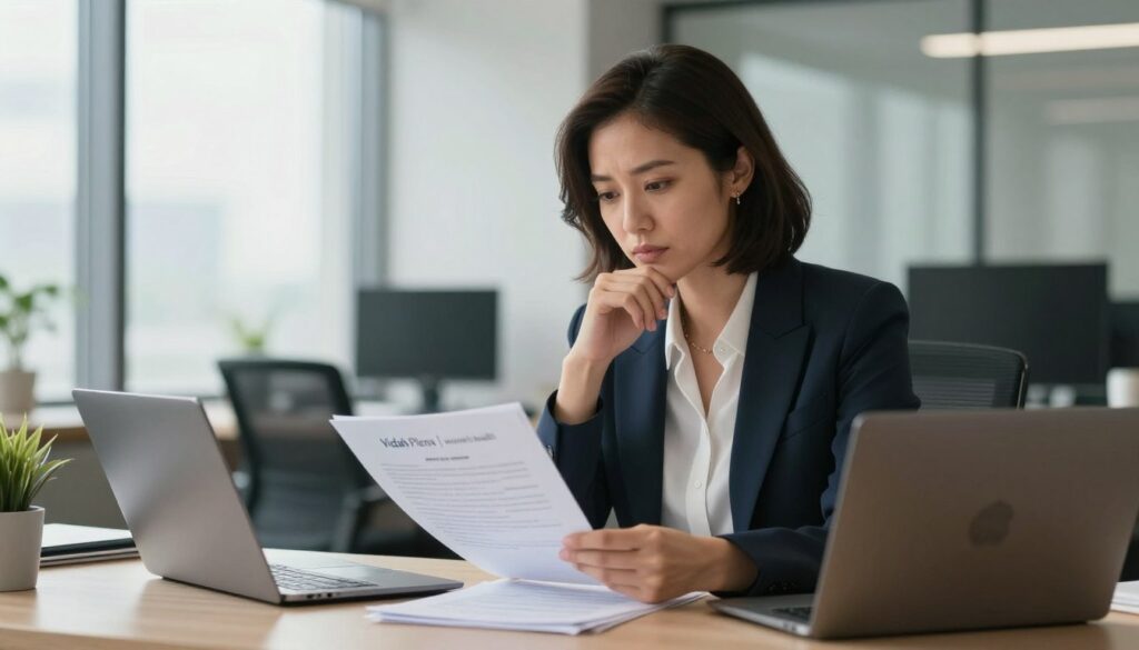 A professional office space featuring a woman in business attire, looking contemplative as she reviews documents at her desk. In the foreground, there are stacks of papers, a laptop, and a coffee cup to symbolize the workplace environment. In the middle, focus on the woman, highlighting her thoughtful expression and organized workspace. The background should show a modern office setting with large windows allowing soft, natural light to pour in, creating a calm and focused atmosphere. The lighting should evoke a sense of clarity and professionalism. The image should reflect the theme of managing PMDD symptoms at work, capturing a harmonious balance between personal health and professional responsibilities. Style reminiscent of premium medical magazine photography, branded "Vidah Plena | women's health".