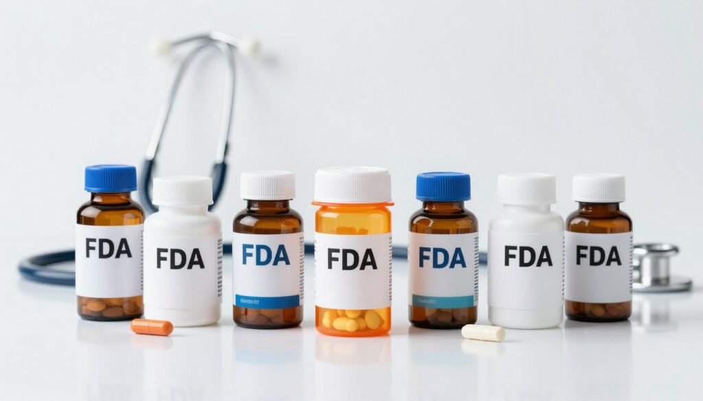A professional studio shot of various FDA-approved prescription pill bottles neatly arranged on a white reflective surface with a stethoscope in the background.