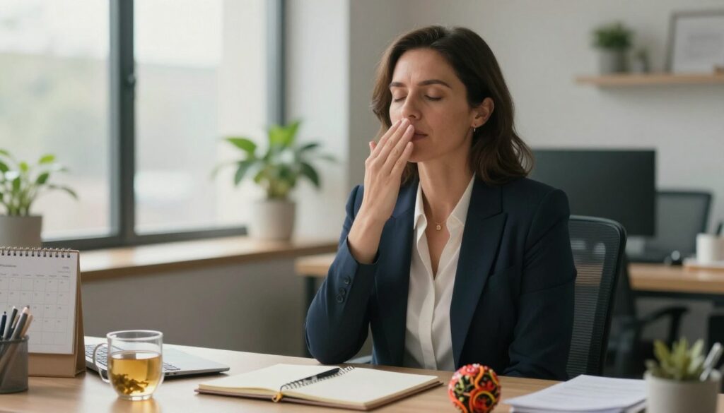 A professional woman in a calm, modern office setting, visibly managing symptoms of PMDD through focused strategies. In the foreground, she is seated at a desk, taking a deep breath, surrounded by tools like a notepad, herbal teas, and a stress ball to symbolize coping mechanisms. In the middle ground, natural light filters through a large window, casting soft shadows, creating a serene atmosphere. Additional elements like a calendar and a house plant add warmth and organization to the scene. The background features softly blurred office decor, emphasizing a supportive work environment. The composition conveys a sense of balance and resilience. The image should reflect a premium medical magazine style, depicting realistic women in professional business attire for a women's health feature. Vidah Plena | women's health.