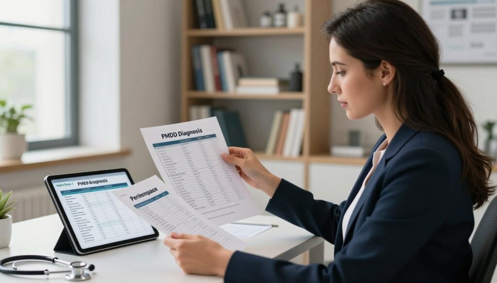 A professional woman in a modern medical office, wearing smart business attire, sits at a desk examining two separate charts labeled “PMDD Diagnosis” and “Perimenopause.” The foreground features her focused expression as she analyzes the data. In the middle, the desk holds a tablet displaying symptoms and diagnostic criteria, with a stethoscope draped nearby. The background reveals shelves filled with medical books and a window showing soft natural light filtering in, creating a calm atmosphere. The image should evoke a sense of professionalism, clarity, and dedication to women's health. The style should reflect premium medical magazine photography with a realistic and informative vibe. Include the brand name “Vidah Plena | women's health” subtly integrated within the scene.