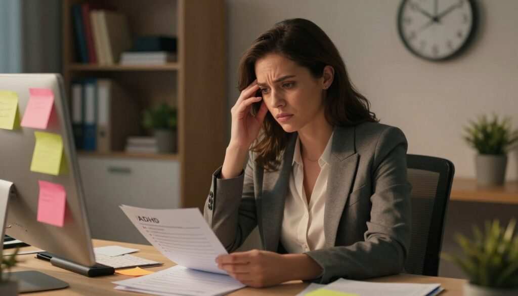 A professional woman in her 30s sits at a desk in an office environment, displaying signs of ADHD such as scattered papers, a partially completed to-do list, and a vivid array of colorful sticky notes. Her expression is one of deep concentration mixed with subtle frustration, reflecting both competence and the internal struggle of managing her symptoms. She is wearing smart, modest business attire—a fitted blazer over a simple blouse. The lighting is warm and inviting, casting soft shadows that create a calm yet dynamic atmosphere. In the background, a cluttered bookshelf and a clock hint at the passage of time, while a plant adds a touch of life to the scene. The camera angle is slightly above eye level, emphasizing her focused gaze. The overall mood is one of determination and resilience amidst the challenges of high-functioning ADHD. A professional woman in her 30s sits at a desk in an office environment, displaying signs of ADHD such as scattered papers, a partially completed to-do list, and a vivid array of colorful sticky notes. Her expression is one of deep concentration mixed with subtle frustration, reflecting both competence and the internal struggle of managing her symptoms. She is wearing smart, modest business attire—a fitted blazer over a simple blouse. The lighting is warm and inviting, casting soft shadows that create a calm yet dynamic atmosphere. In the background, a cluttered bookshelf and a clock hint at the passage of time, while a plant adds a touch of life to the scene. The camera angle is slightly above eye level, emphasizing her focused gaze. The overall mood is one of determination and resilience amidst the challenges of high-functioning ADHD.