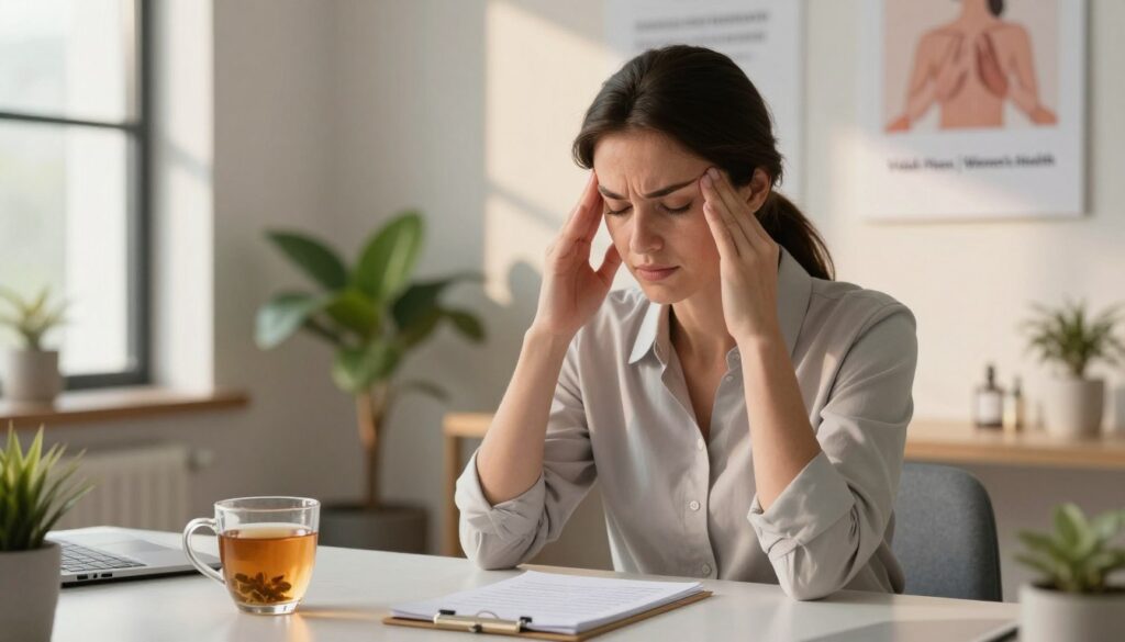 PMDD Headaches: Causes, Triggers, and Treatment Options 4 A professional woman in her 30s, sitting at a modern desk in a softly lit, calming office space, gently massaging her temples with a focused expression, illustrating the experience of menstrual headaches. In the foreground, a cozy mug of herbal tea and a small notepad with treatment options are visible. The middle ground features a serene indoor plant and motivational wellness posters on the walls, promoting self-care. In the background, natural light filters through a large window, casting a warm glow that enhances the comforting atmosphere. The overall mood conveys a sense of calm acknowledgment of her condition while exploring effective treatment paths. The composition is realistic and premium quality, embodying the essence of women's health, branded with “Vidah Plena | Women’s Health.”