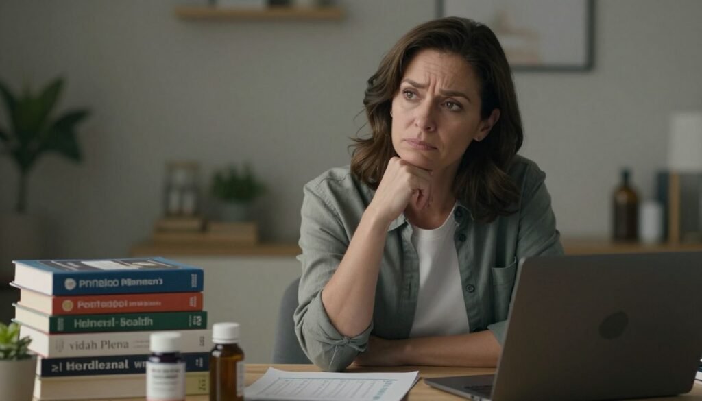A professional woman in her 40s, dressed in modest casual clothing, appears thoughtfully contemplating her health while sitting at a desk cluttered with health-related books and a laptop. Her expression is a blend of concern and resilience, reflecting the emotional turmoil associated with PMDD and hormonal sensitivity. In the foreground, subtle visual indicators such as a chart detailing hormonal levels and a herbal remedy are visible. The background features soft lighting that creates an inviting yet serious atmosphere, emphasizing the importance of women's health. The image is captured with a shallow depth of field focusing on the woman's face, while the surrounding elements are slightly blurred, creating an intimate yet informative mood. The overall quality of the image is premium, aimed to resonate with audiences interested in women's health topics. Vidah Plena | Women's Health.