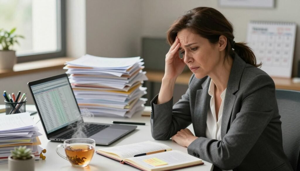 A professional woman in her 40s, wearing modest business attire, sits at a cluttered office desk, surrounded by piles of paperwork and a laptop displaying spreadsheets. Her expression reflects a sense of confusion and frustration, symbolizing the effects of perimenopause brain fog. In the foreground, a steaming cup of herbal tea sits next to an open journal with scattered notes and reminders, emphasizing the struggle for clarity. The middle ground features half-finished tasks and a calendar marked with appointments. The background is softly blurred to create depth, capturing a warm, natural light filtering through a window, evoking a contemplative, slightly chaotic atmosphere. This image should convey the emotional and psychological effects of brain fog, highlighting its impact on daily life, in a realistic, premium quality editorial style. Vidah Plena | Women's Health. A professional woman in her 40s, wearing modest business attire, sits at a cluttered office desk, surrounded by piles of paperwork and a laptop displaying spreadsheets. Her expression reflects a sense of confusion and frustration, symbolizing the effects of perimenopause brain fog. In the foreground, a steaming cup of herbal tea sits next to an open journal with scattered notes and reminders, emphasizing the struggle for clarity. The middle ground features half-finished tasks and a calendar marked with appointments. The background is softly blurred to create depth, capturing a warm, natural light filtering through a window, evoking a contemplative, slightly chaotic atmosphere. This image should convey the emotional and psychological effects of brain fog, highlighting its impact on daily life, in a realistic, premium quality editorial style. Vidah Plena | Women's Health.