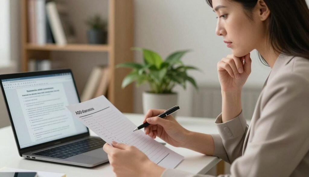 Perimenopause vs ADHD: Why Symptoms Can Look Similar 3 A professional woman in her late 30s, sitting at a desk in a warmly lit office environment, thoughtfully reviewing a checklist for ADHD diagnosis. She wears modest business attire, exuding a sense of determination and focus. The foreground features a close-up of her hands holding the checklist, with a pen poised for notes. In the middle ground, a laptop displays an open document about ADHD symptoms and perimenopause, while a plant adds a touch of warmth to the scene. The background includes a shelf with health-related books, softly blurred to keep the emphasis on the woman and her assessment process. The atmosphere is calm yet reflective, evoking a sense of empowerment and clarity. High-quality editorial style, perfect lighting to enhance detail. Vidah Plena | Women's Health.
