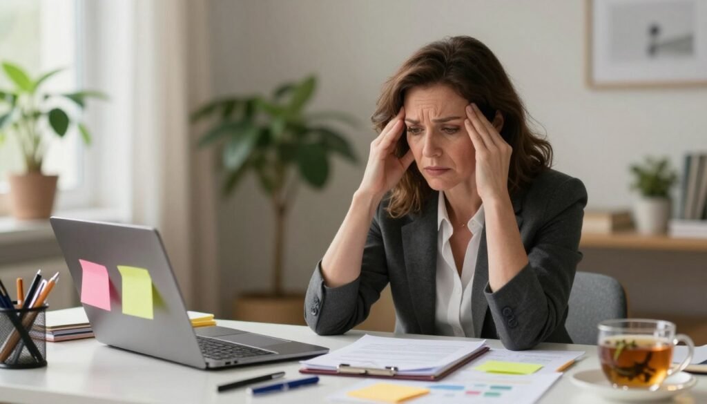 Perimenopause vs ADHD: Why Symptoms Can Look Similar 1 A professional woman in her late 40s, dressed in smart casual attire, is seated at a cluttered desk filled with papers, a laptop, and colorful sticky notes indicating disorganization. Her expression reflects a mix of confusion and fatigue, symbolizing the struggles with ADHD symptoms amidst perimenopause. In the foreground, sharp details of a tangled notebook, pens, and a herbal tea cup emphasize the chaos. The middle ground features a soft-focus view of the woman, while the background showcases a serene light-filled space with house plants, symbolizing the need for balance. The lighting is warm and inviting, creating an emotional yet empowering atmosphere. This image captures the essence of overlapping symptoms in a high-quality editorial style, linking to themes of women's health. Vidah Plena | Women's Health.