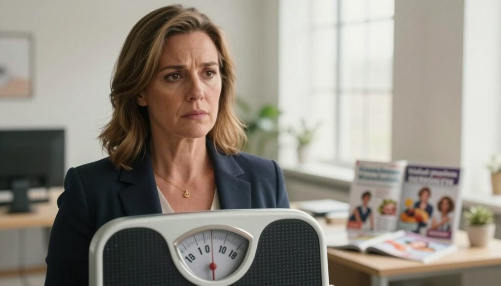 A professional woman in her late 40s, wearing modest business attire, stands in an office environment, looking thoughtfully at a scale. Her expression conveys concern and contemplation about the changes in her body. In the foreground, a close-up of the scale shows an unexpectedly high number. In the middle ground, a blurred desk with health magazines about perimenopause can be seen, suggesting a search for answers. The background features soft natural light streaming through a window, creating a warm atmosphere. The scene reflects a sense of hope and empowerment, while subtly highlighting the emotional challenges associated with perimenopause weight gain. The image is high quality, realistic, and suitable for an editorial context, branded with "Vidah Plena | Women's Health."