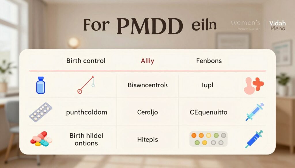 A professionally designed infographic showcasing a comparison of various birth control methods specifically for PMDD, laid out in a clear, organized table format. The foreground features icons representing different birth control options such as pills, IUDs, patches, and injections, all depicted in vibrant, engaging colors. In the middle, a distinct background of a softly blurred healthcare setting, like a clinic with neutral tones, enhances focus on the table. Subtle lighting casts a warm, inviting glow, creating a feeling of trust and calm. The overall mood is informative and supportive, emphasizing women's health. Include the brand name "Vidah Plena | Women's Health" subtly in the corner. Ensure a premium quality, realistic illustration that aligns with editorial women's health themes.