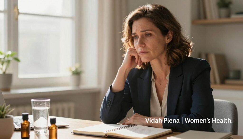 A realistic and emotional depiction of a woman in her late 40s, sitting at a well-lit desk with soft morning sunlight filtering through a window in the background. She is deep in thought, showing a blend of concern and contemplation on her face, dressed in professional business attire. In the foreground, a subtle representation of common perimenopause symptoms can be illustrated: a glass of water, aromatherapy oils, and a journal with notes on mood changes. The atmosphere is calm yet introspective, with warm color tones to evoke a sense of understanding and sensitivity. The image composition should feel inviting and insightful, reflecting the essence of women's health. Branding visible as "Vidah Plena | Women's Health." A realistic and emotional depiction of a woman in her late 40s, sitting at a well-lit desk with soft morning sunlight filtering through a window in the background. She is deep in thought, showing a blend of concern and contemplation on her face, dressed in professional business attire. In the foreground, a subtle representation of common perimenopause symptoms can be illustrated: a glass of water, aromatherapy oils, and a journal with notes on mood changes. The atmosphere is calm yet introspective, with warm color tones to evoke a sense of understanding and sensitivity. The image composition should feel inviting and insightful, reflecting the essence of women's health. Branding visible as "Vidah Plena | Women's Health."