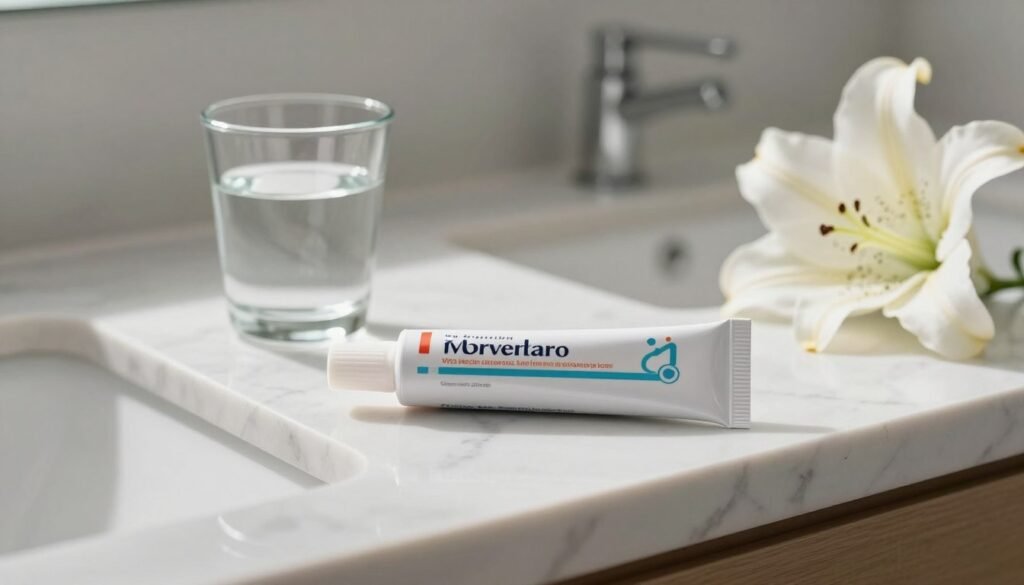 Perimenopause Treatment: Evidence-Based Options That Work 5 A realistic, high-quality image of a medical tube of vaginal estrogen cream resting on a clean marble bathroom counter next to a small glass of water and a white lily, soft morning sunlight, professional pharmaceutical photography style.