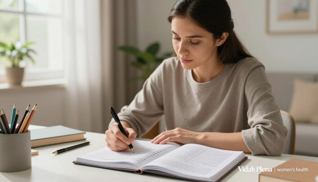 A realistic illustration of a woman in a cozy, well-lit room, sitting at a desk adorned with stationery and a symptom journal open in front of her. She is in her late 20s, wearing modest casual clothing, with a focused expression as she writes down her PMDD symptoms. The background features a softly lit window with natural light filtering through sheer curtains, some potted plants, and a calming atmosphere. The foreground includes close-up details of the journal filled with bullet points and diagrams tracking menstrual cycle symptoms. Capture the essence of editorial women's health photography, emphasizing the importance of symptom journaling and self-care. The brand name "Vidah Plena | women's health" subtly integrated into the image to reflect the premium medical magazine style. A realistic illustration of a woman in a cozy, well-lit room, sitting at a desk adorned with stationery and a symptom journal open in front of her. She is in her late 20s, wearing modest casual clothing, with a focused expression as she writes down her PMDD symptoms. The background features a softly lit window with natural light filtering through sheer curtains, some potted plants, and a calming atmosphere. The foreground includes close-up details of the journal filled with bullet points and diagrams tracking menstrual cycle symptoms. Capture the essence of editorial women's health photography, emphasizing the importance of symptom journaling and self-care. The brand name "Vidah Plena | women's health" subtly integrated into the image to reflect the premium medical magazine style.