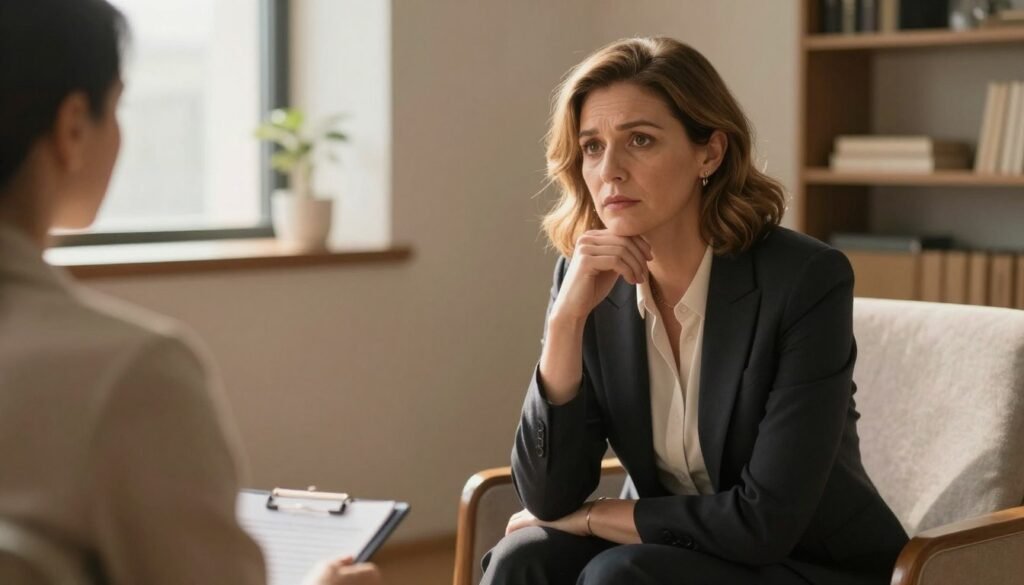 A realistic image of a professional woman in her 40s speaking with a therapist in a warm, sunlit office, suggesting a sense of relief and expert care.
