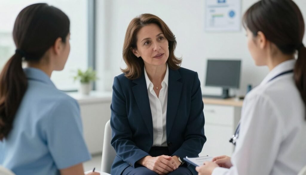A realistic photograph of a middle-aged woman sitting in a bright, modern medical office, having a supportive and encouraging conversation with a female healthcare professional.