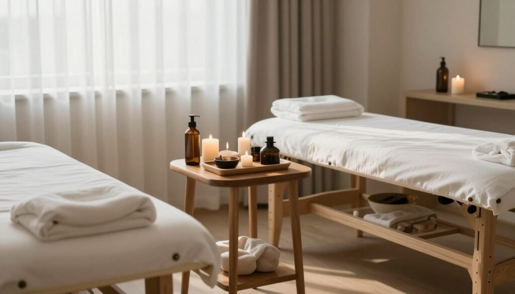 A realistic photograph of a tranquil wellness studio interior with soft natural light, featuring a professional acupuncture setup on a wooden side table near a comfortable massage bed, symbolizing holistic menopause therapy.